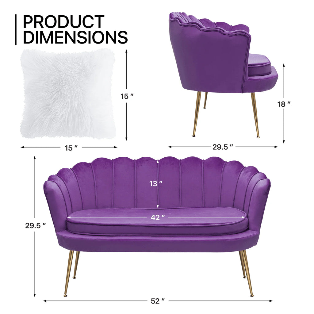 Canapé 2 places contemporain MoNiBloom en velours avec pieds en métal finition dorée, avec deux coussins pour salon, chambre, bureau à domicile, violet