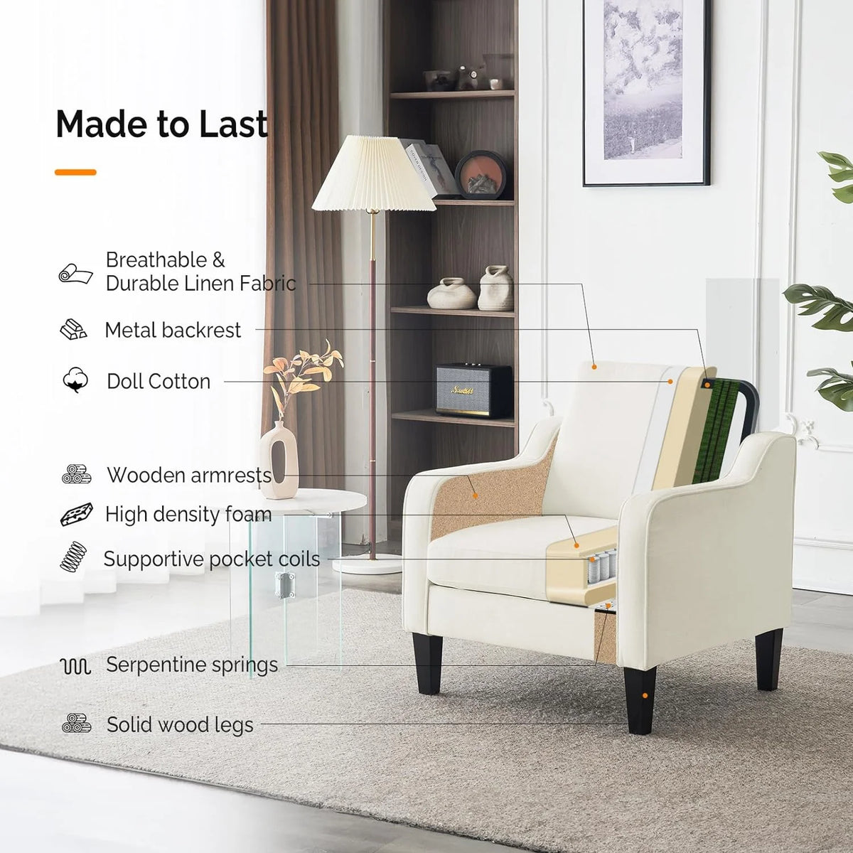 Fauteuil confortable en chenille VINGLI Mid-Century Modern, Blanc crème