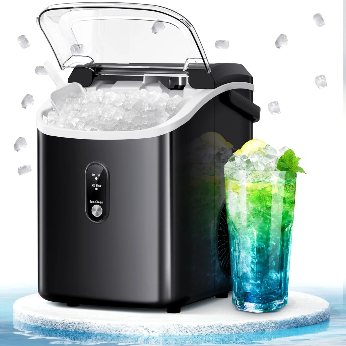Machine à glaçons Auseo SS Nugget de comptoir avec glaçons tendres à mâcher, 35 lbs/24 h, autonettoyante, pelle à glaçons, acier inoxydable argenté, pour cuisine/bureau/fête