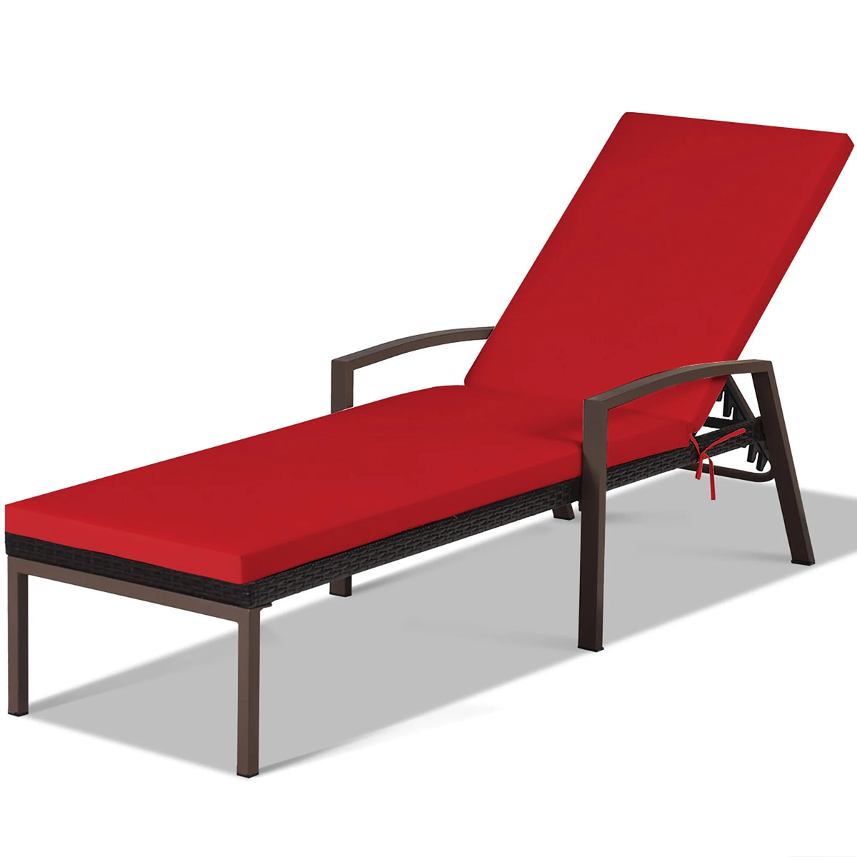 Costway Lot de 2 chaises longues de jardin en rotin, inclinables avec dossier réglable et coussinés, rouges