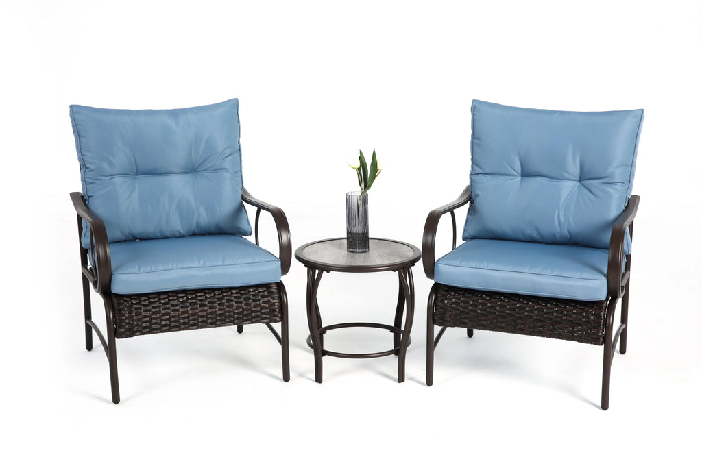 Ensemble de salon de jardin Villeston 3 pièces en résine tressée, avec 2 chaises et une table pour terrasse ou jardin, bleu