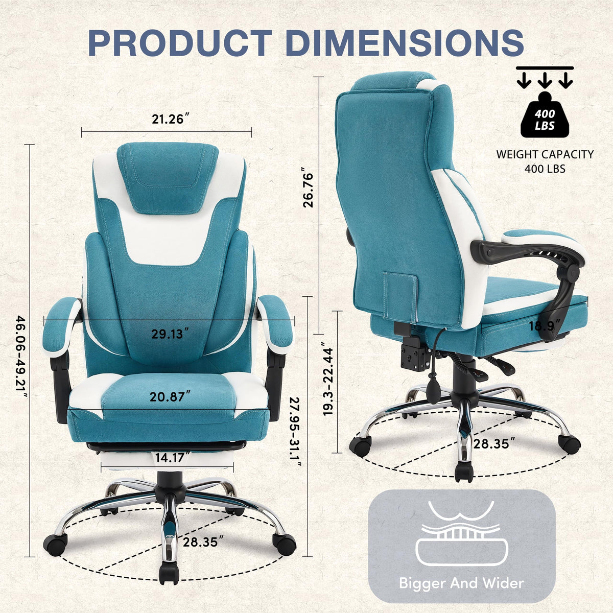 JONPONY Fauteuil de bureau Grande Taille 400lbs, Fauteuils de bureau de direction inclinables avec repose-pieds, Fauteuil de bureau à domicile à dossier haut Accoudoirs épais, Support lombaire ergonomique réglable, RoseBlanc