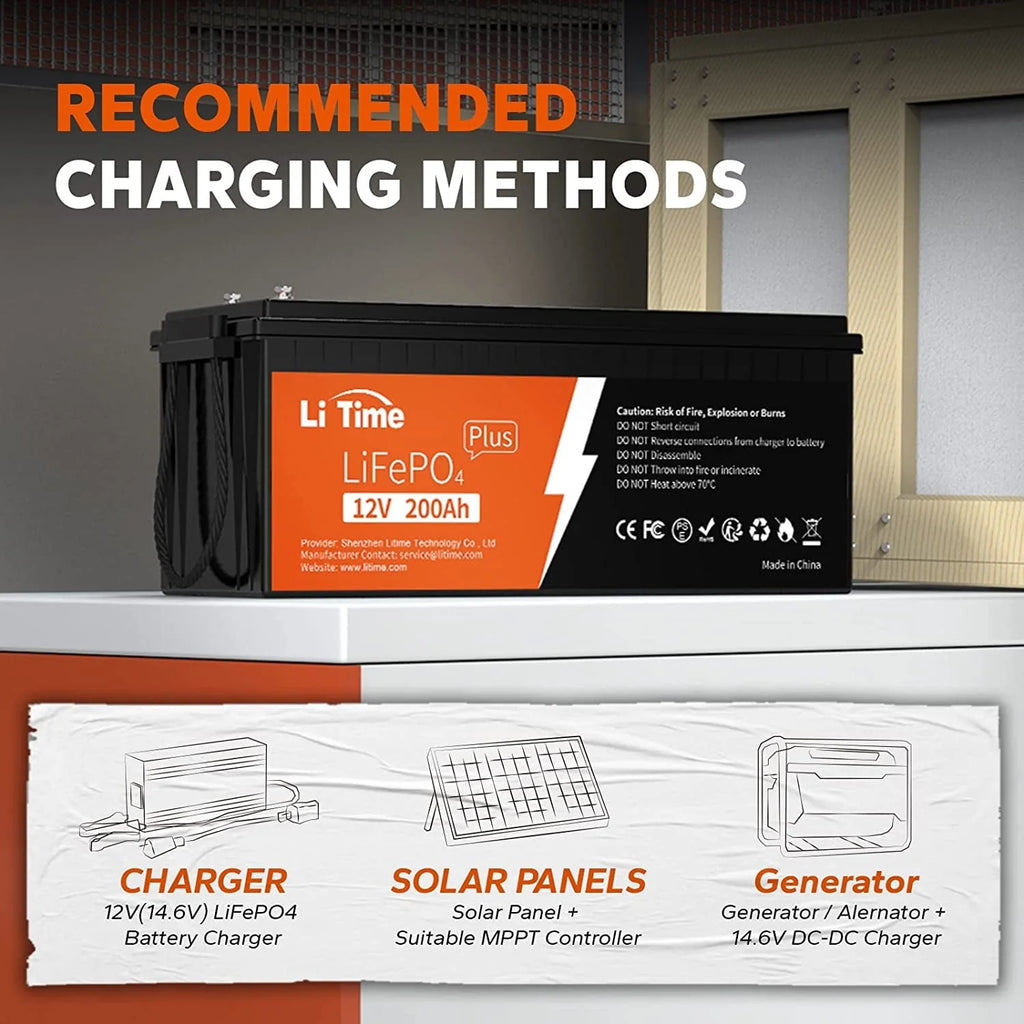 Batterie LiTime 12V 200Ah PLUS Lithium LiFePO4, Puissance de sortie max 2560W, Durée de vie de 10 ans, Batterie LiFePO4 avec BMS 200A pour Camping-car, Solaire, Hors réseau, Marine