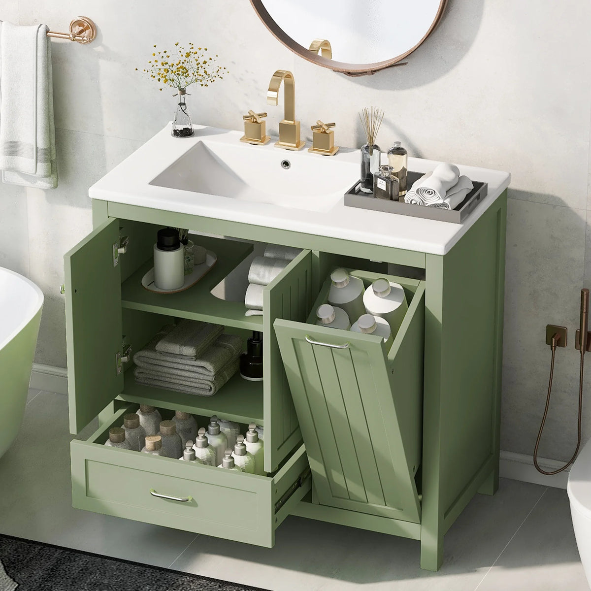 Meuble-lavabo de salle de bains Harper & Bright Designs 30 avec lavabo, armoire de salle de bains avec plateau en céramique, portes et tiroir de rangement multifonctionnels, vert