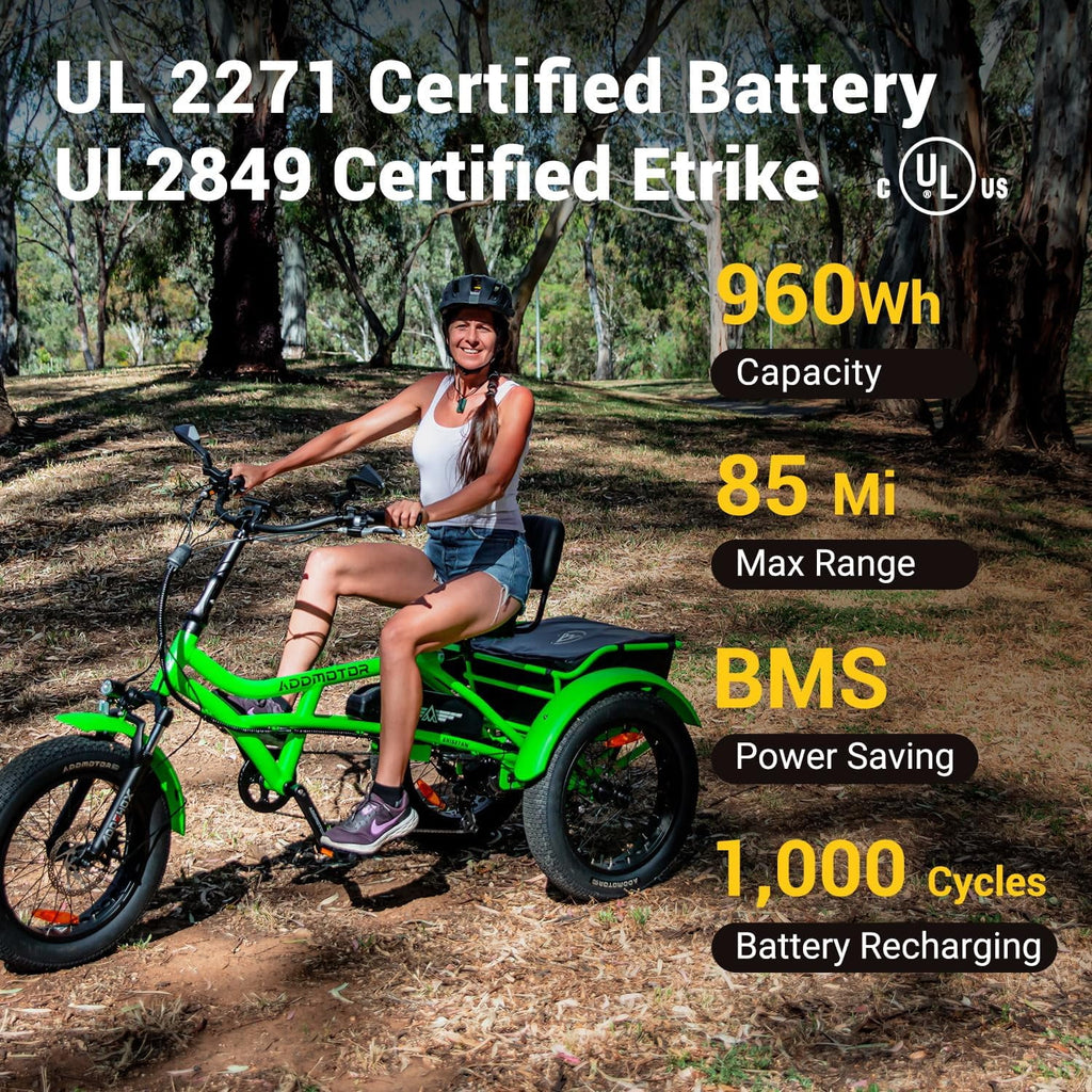 Tricycle électrique semi-allongé Addmotor M-360II, 85 mi, vélo électrique à 3 roues avec pneus larges pour adultes, tricycle électrique 750 W 48 V 20 Ah pour seniors, 20 pouces, avec différentiel de vitesse, vert