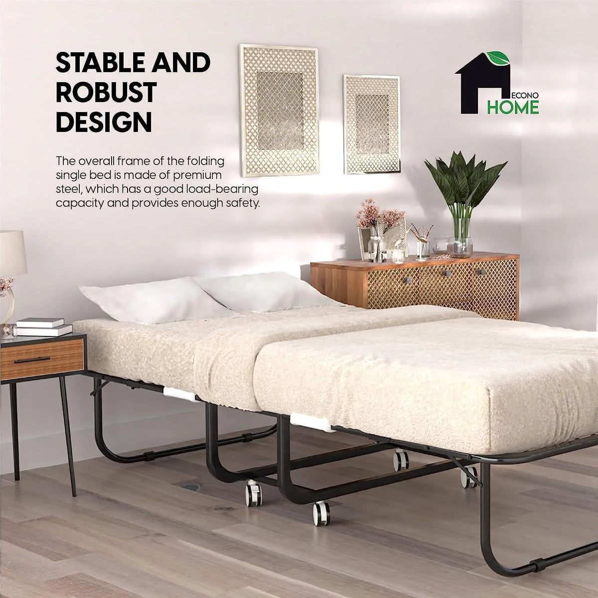 Lit pliant EconoHome avec matelas - Cadre de lit format 75x31 pouces - Lit d'appoint portable, pliable et roulant pour adultes - Matelas en mousse à mémoire de forme de 12,7 cm d'épaisseur - Lit pliant gain de place pour un rangement facile