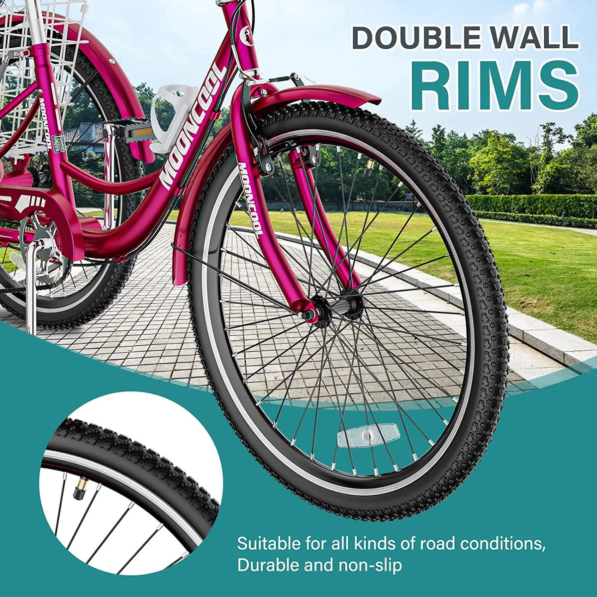 Tricycles pour adultes MOONCOOL avec panier arrière et pompe à pied, vélos à 3 roues 7 vitesses de 24 et 26 pouces, vélo à trois roues pour adultes avec dossier pour seniors, femmes et hommes