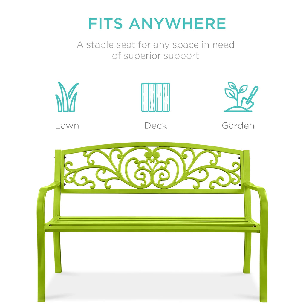 Best Choice Products Banc en Acier d'Extérieur Jardin Patio Porche Meuble avec Dossier à Motif Floral - Noir