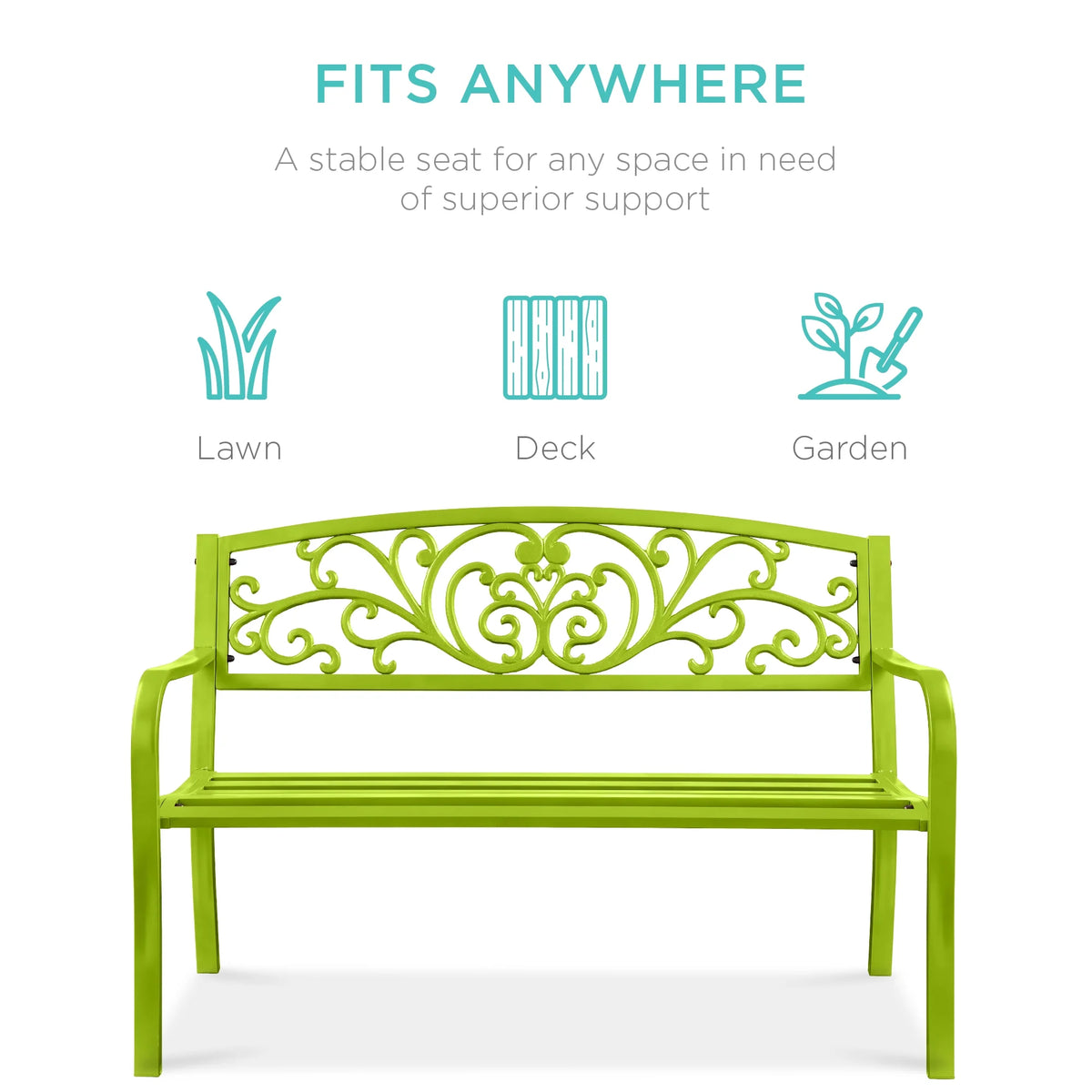 Best Choice Products Banc en Acier d'Extérieur Jardin Patio Porche Meuble avec Dossier à Motif Floral - Noir