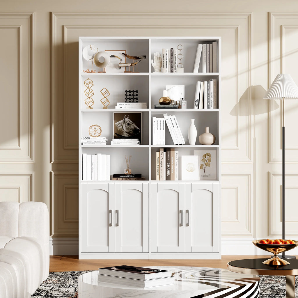 Bibliothèque haute Homfa 73 avec portes, 8 compartiments, 6 niveaux, double rangée, blanche, pour salon et bureau à domicile