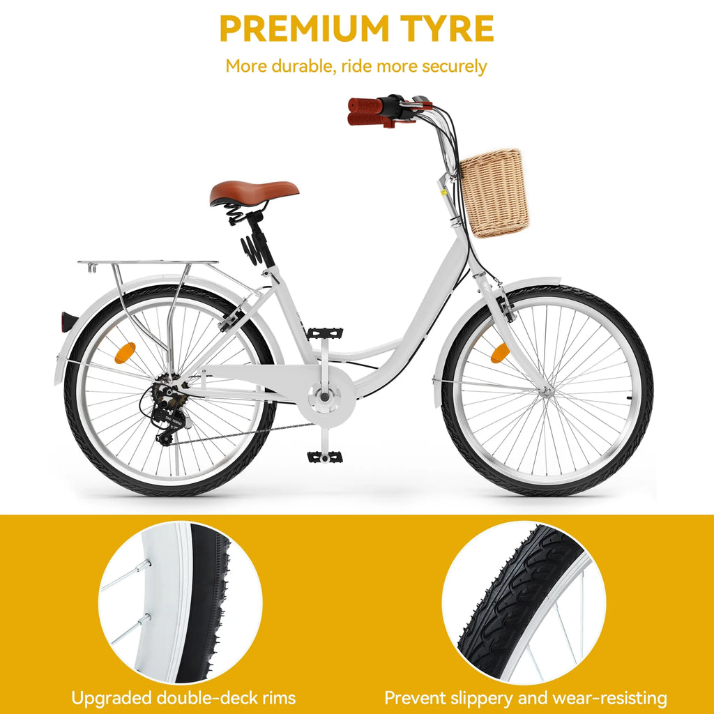 Vélo de plage Dextrus 26 pouces pour femme - Vélo urbain 7 vitesses pour adultes - Vélo pour femme avec selle réglable en blanc