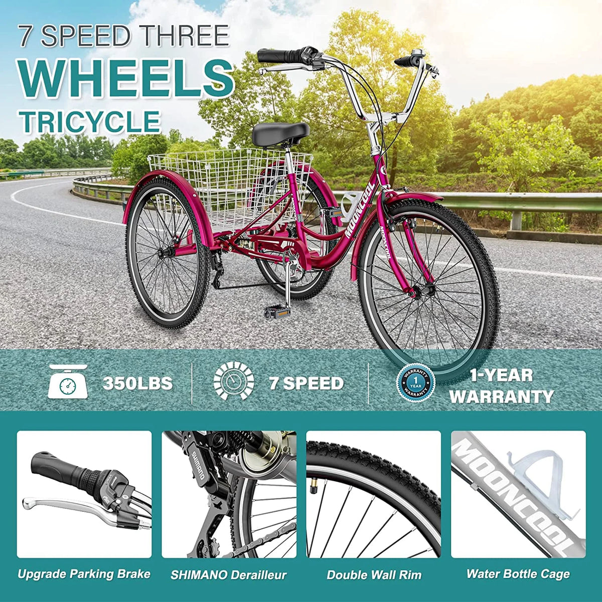 Tricycles pour adultes MOONCOOL avec panier arrière et pompe à pied, vélos à 3 roues 7 vitesses de 24 et 26 pouces, vélo à trois roues pour adultes avec dossier pour seniors, femmes et hommes