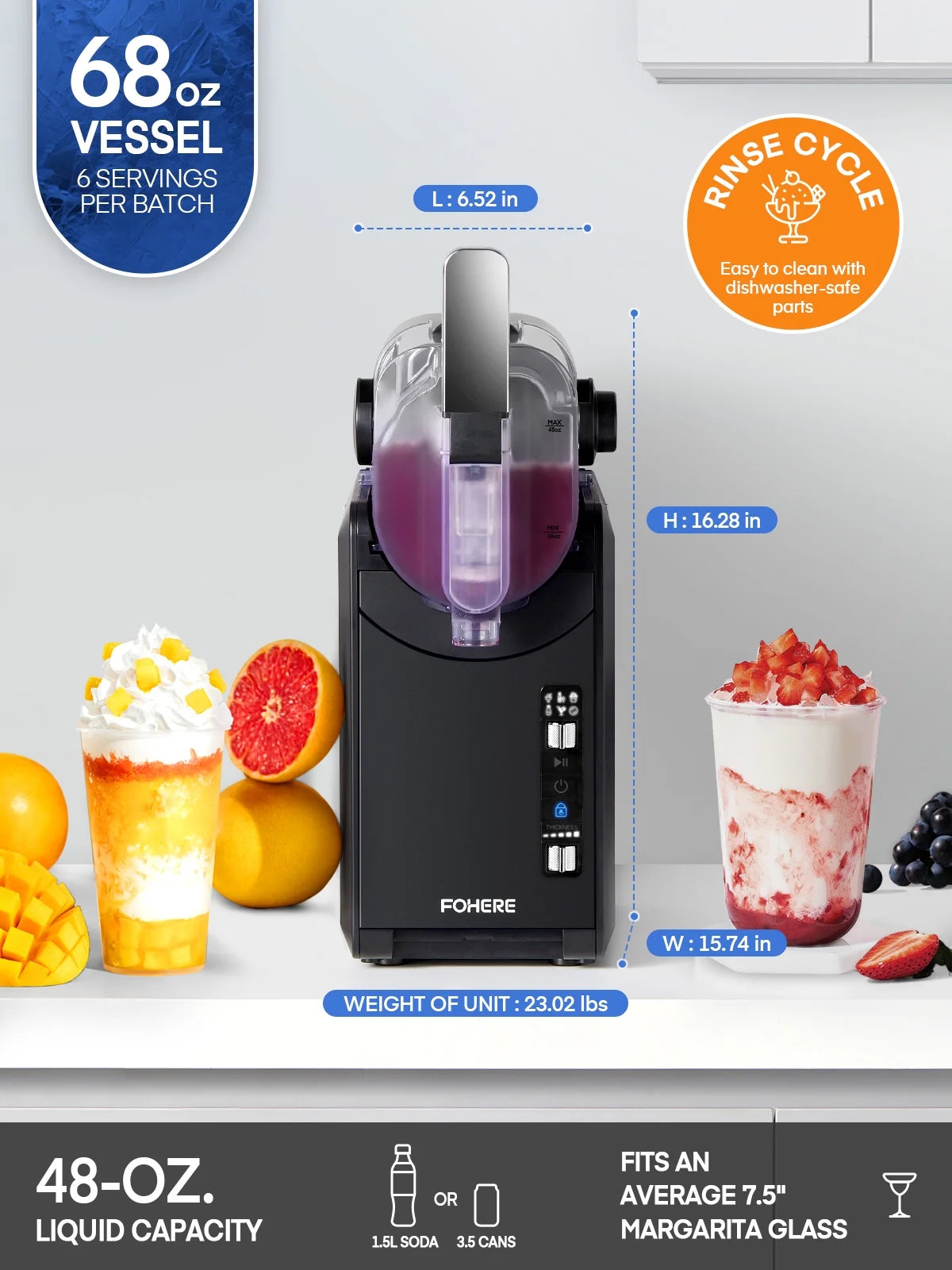 Machine à granité 5-en-1, sans glaçons, en 15 min, pour la maison, avec fonction autonettoyante, machine professionnelle à boissons glacées, 5 programmes prédéfinis, margaritas glacées, frappes, milkshakes et plus encore, FOHERE