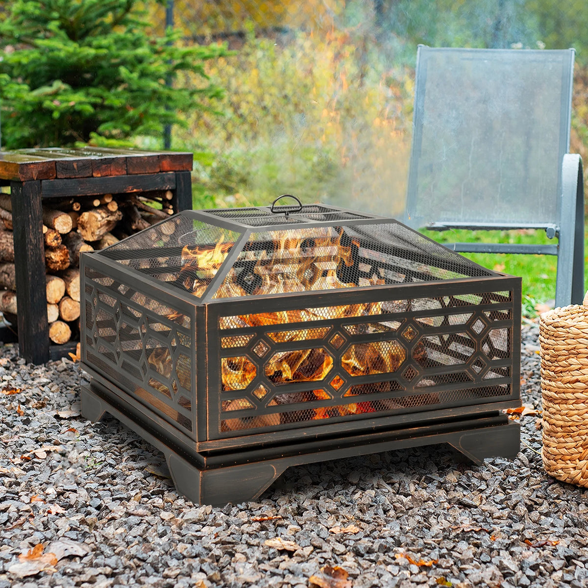 MistMo 26 Brasero carré en bois pour terrasse et jardin extérieur
