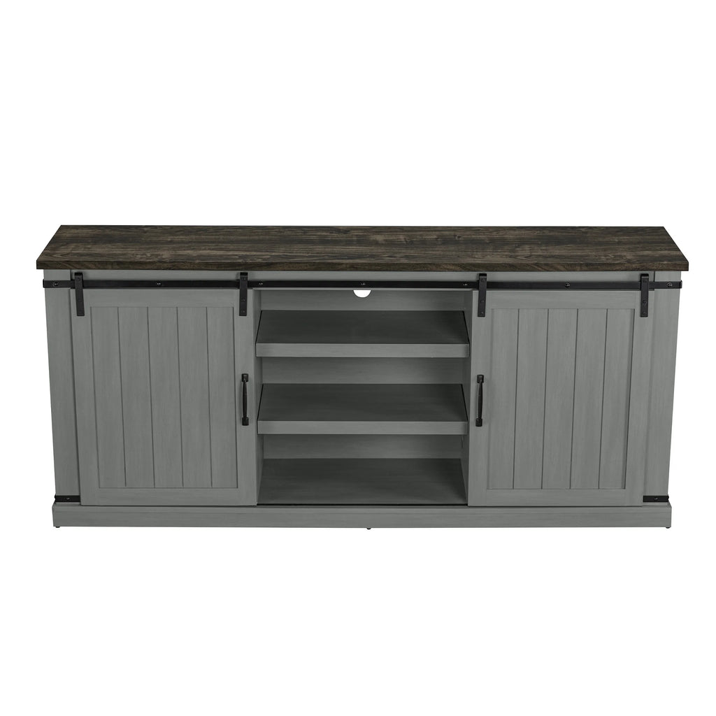 Meuble TV rustique FESTIVO pour téléviseur 75 pouces, centre de divertissement, meuble TV avec porte de grange coulissante, console TV de 68 pouces, meuble multimédia de salon avec étagère réglable - Blanc cassé