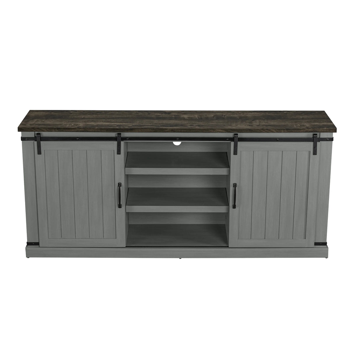 Meuble TV rustique FESTIVO pour téléviseur 75 pouces, centre de divertissement, meuble TV avec porte de grange coulissante, console TV de 68 pouces, meuble multimédia de salon avec étagère réglable - Blanc cassé