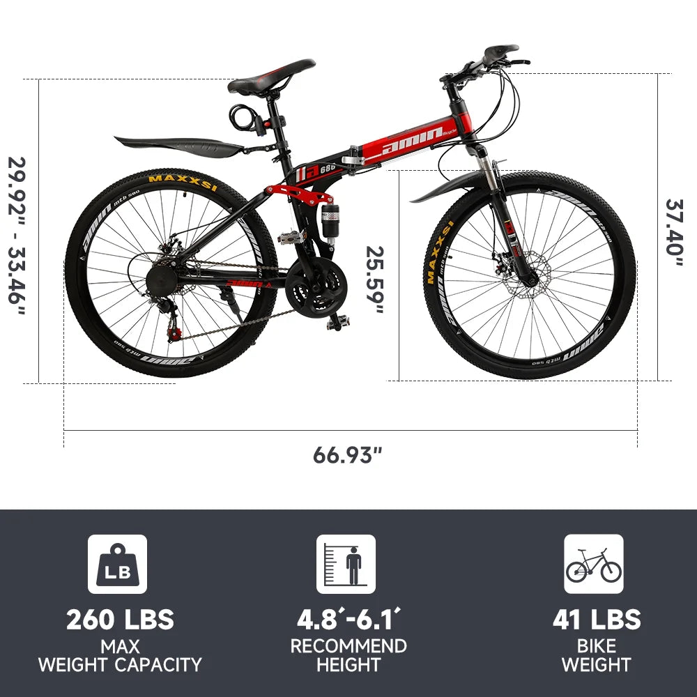 VTT pliant Artudatech 26 pouces Shimano 21 vitesses double frein à disque - Adulte - Rouge