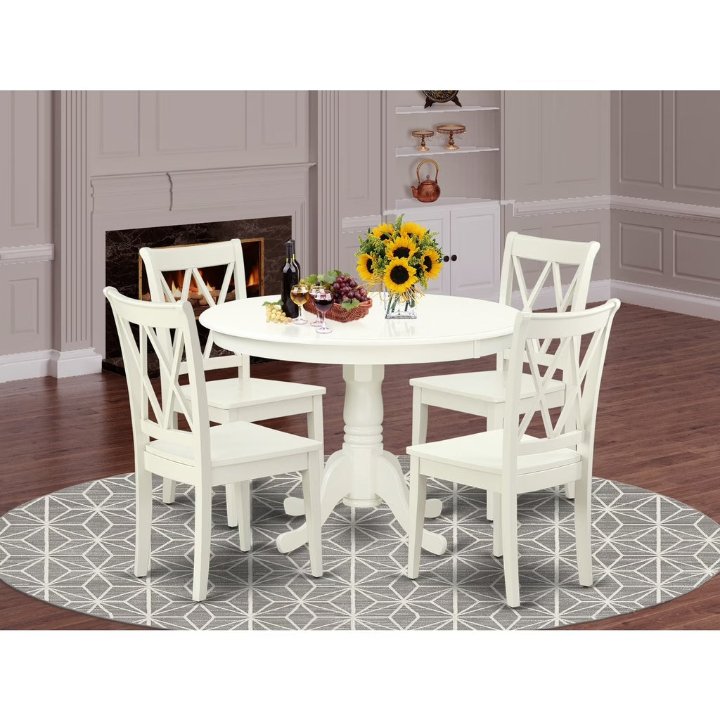 Ensemble de table à manger de 5 pièces HomeStock Country Cottage comprend une table de cuisine ronde avec piètement central et 4 chaises de salle à manger, 42 x 42 pouces, finition blanc lin