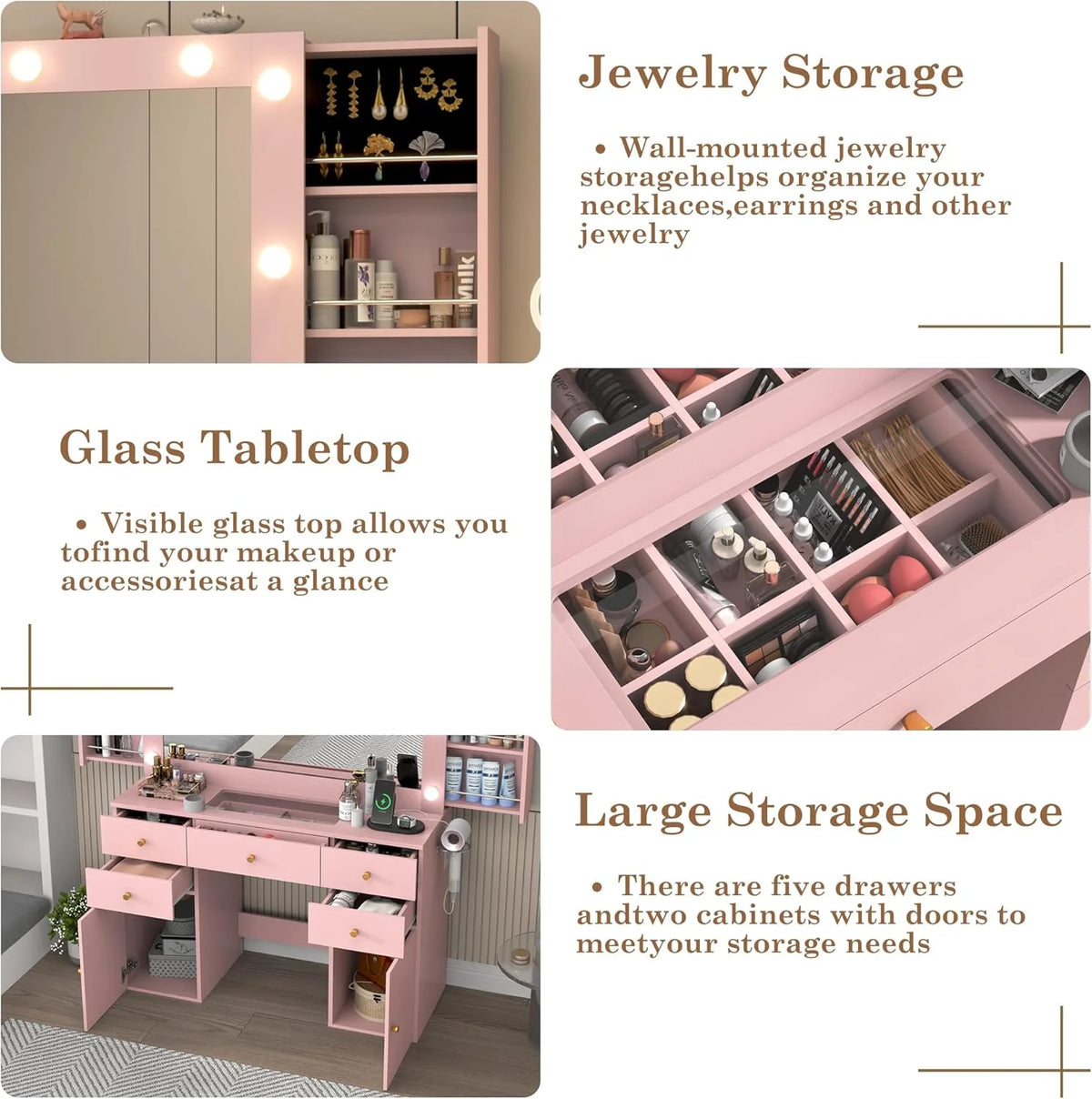 Coiffeuse blanche avec grand miroir lumineux et prise électrique, table de maquillage avec plateau en verre et tiroirs, rangement coulissant, grande coiffeuse de maquillage de 44,1 pour femmes et filles, blanche