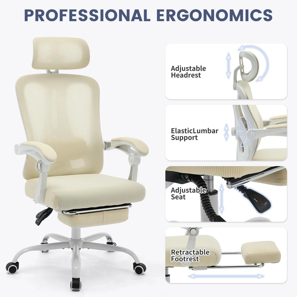 Chaise de bureau ergonomique, chaise de travail pivotante avec soutien lombaire réglable, chaise de bureau pour la maison avec repose-pieds, chaise gaming à dossier haut en maille