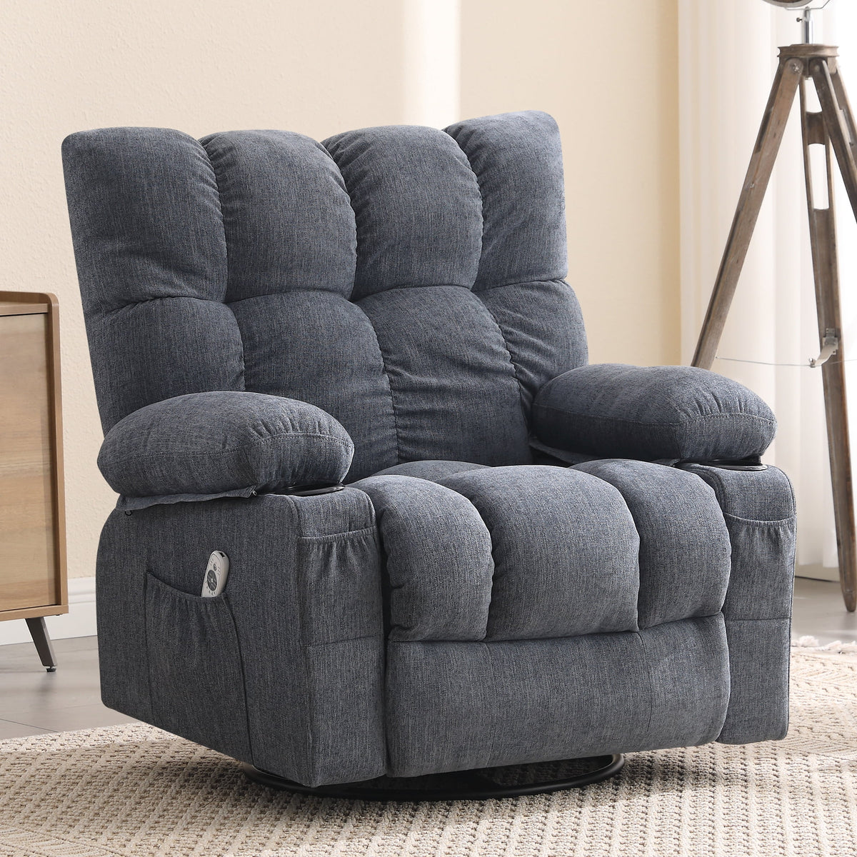 Fauteuil inclinable manuel JONPONY avec fonction de massage et de chauffage, mécanisme d’inclinaison robuste, fauteuil à bascule individuel pour personnes âgées avec porte-gobelets, pour chambre et salle de cinéma maison, gris
