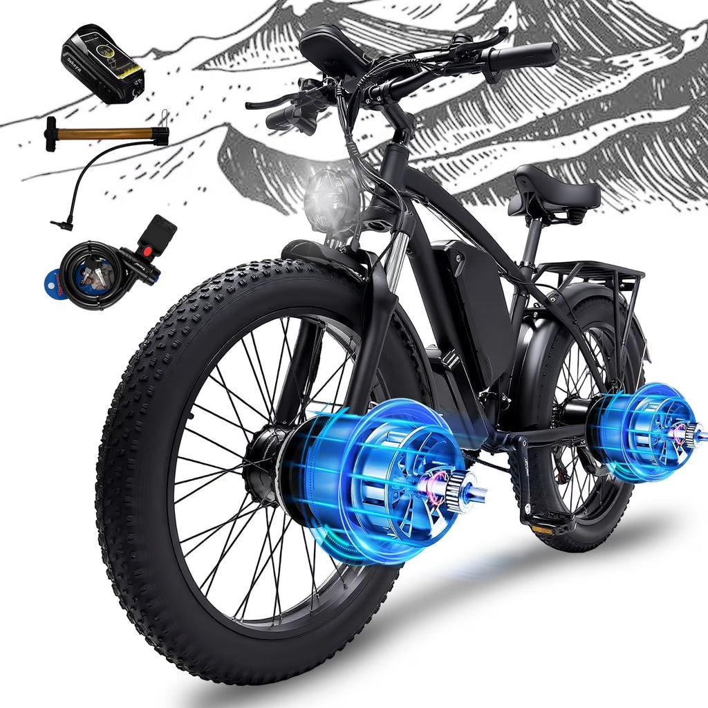 Vélo électrique à pneus larges pour adultes, vélo électrique à double moteur de 6 000 W, vitesse max. de 50 mi/h, vélo électrique tout-terrain de type VTT, 26 x 4,0, 60 V, 25 Ah, UL2849