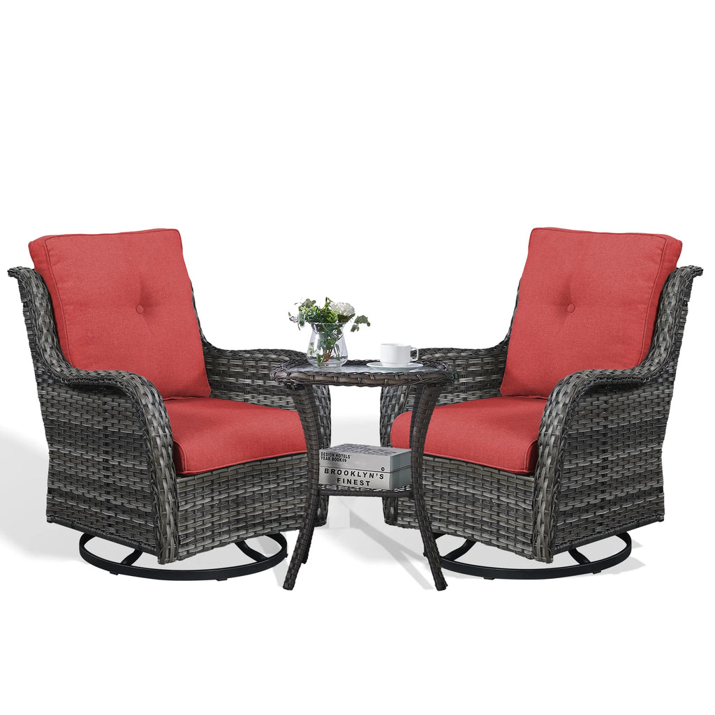 POCASSY Salon de Jardin 3 Pièces en Rotin Tressé Fauteuils Berçants et Pivotants avec Coussins