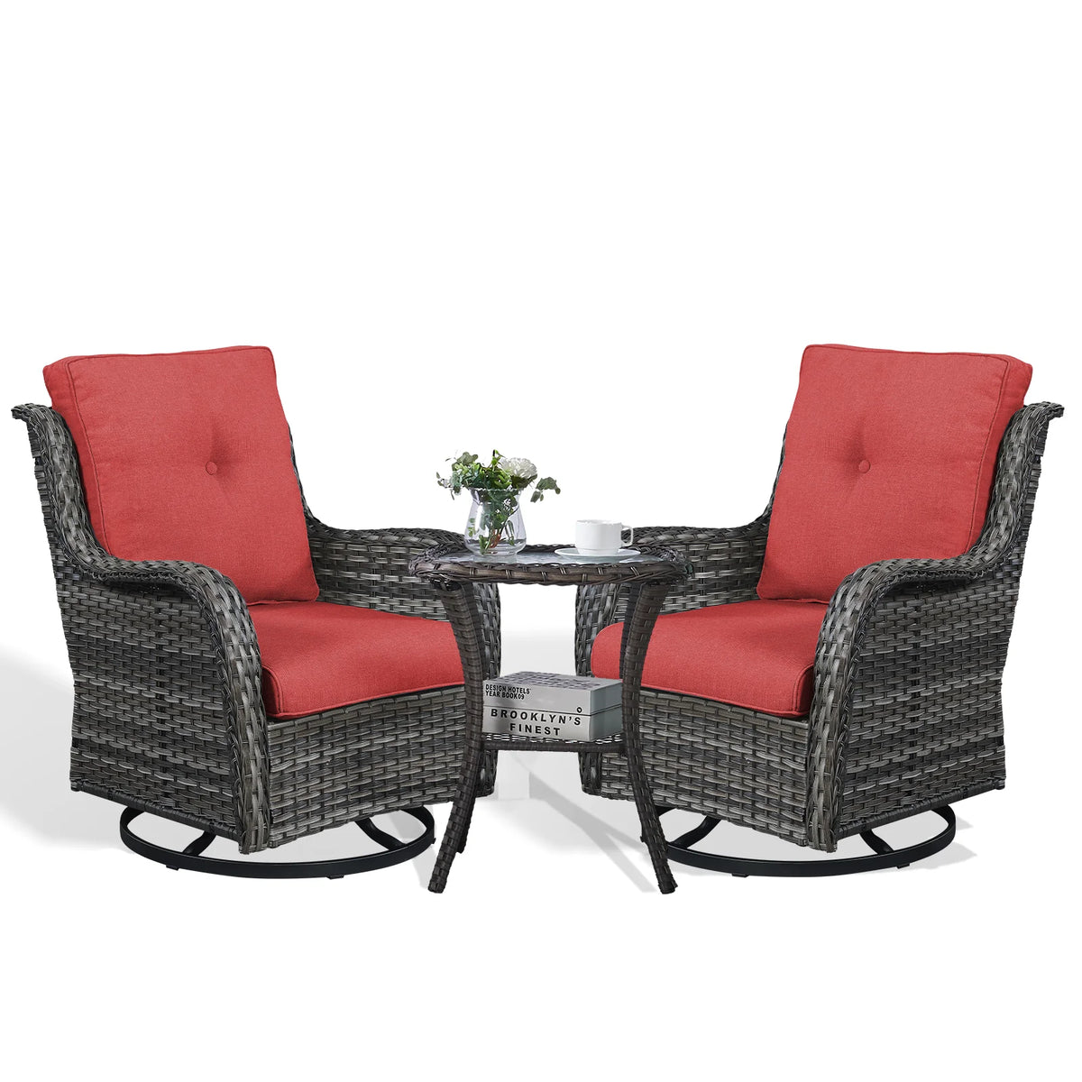 POCASSY Salon de Jardin 3 Pièces en Rotin Tressé Fauteuils Berçants et Pivotants avec Coussins