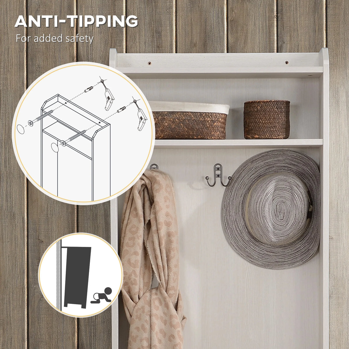 HOMCOM Vestiaire d’entrée rustique avec banc de rangement pour chaussures, banc d’entrée avec porte-manteau, porte-manteau décoratif avec étagères de rangement pour couloir ou entrée, blanc