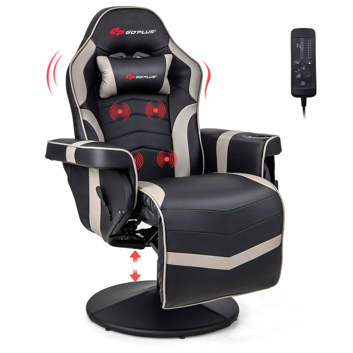 Fauteuil gaming inclinable Goplus avec massage, réglable en hauteur, pivotant, style racing, avec porte-gobelet, rouge