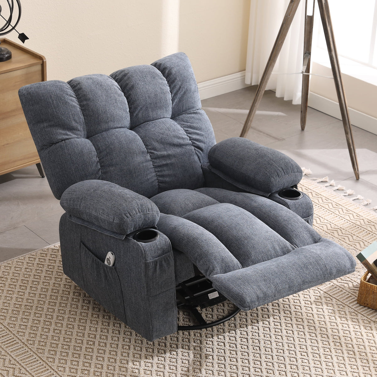 Fauteuil inclinable manuel JONPONY avec fonction de massage et de chauffage, mécanisme d’inclinaison robuste, fauteuil à bascule individuel pour personnes âgées avec porte-gobelets, pour chambre et salle de cinéma maison, gris