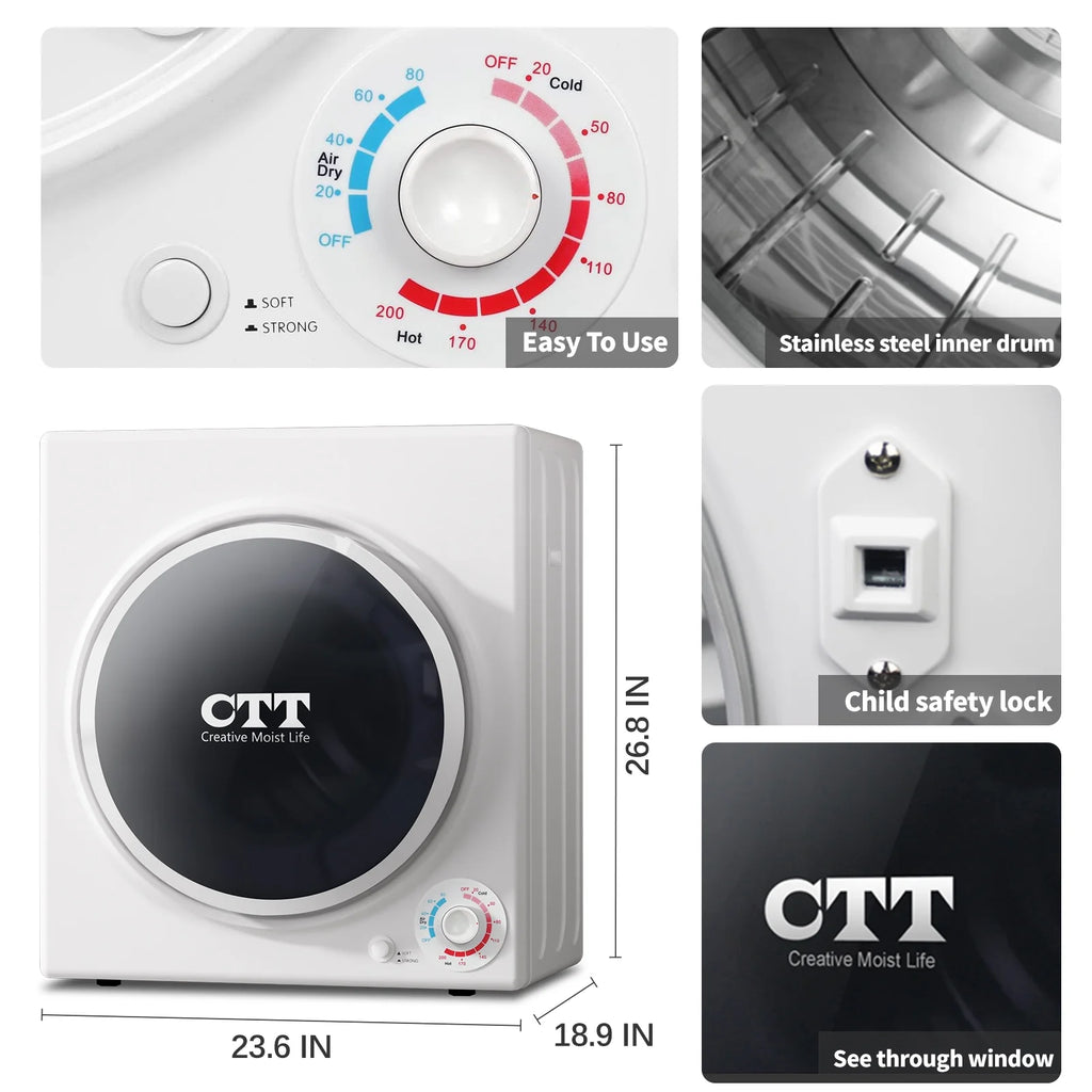 Sèche-linge portable CTT 110 V 1 500 W, sèche-linge compact de 3,5 pi³ avec tambour en acier inoxydable, 4 modes de séchage, idéal pour la buanderie, les appartements, les camping-car et les dortoirs