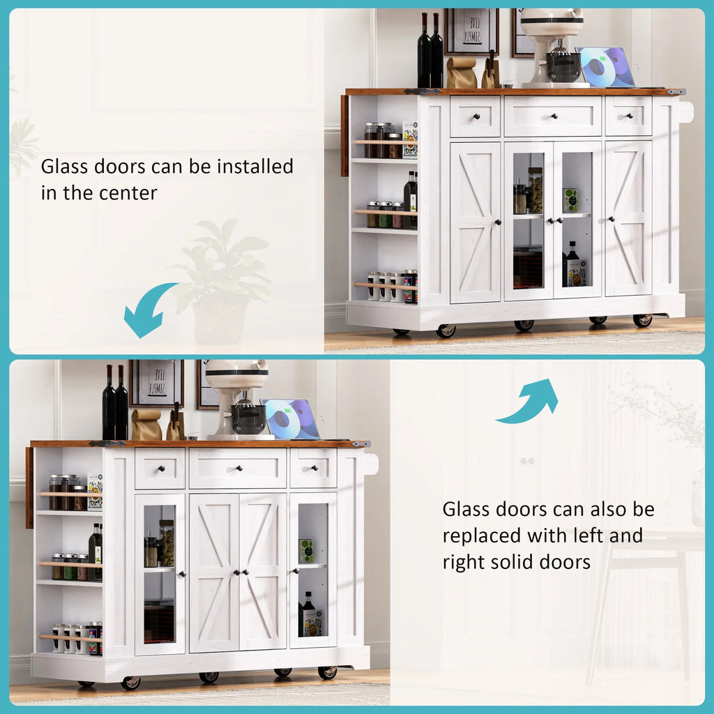 Euroco Îlot de cuisine style ferme de 53'' avec deux portes de placard en verre trempéDesserte de cuisine roulante sur roulettes