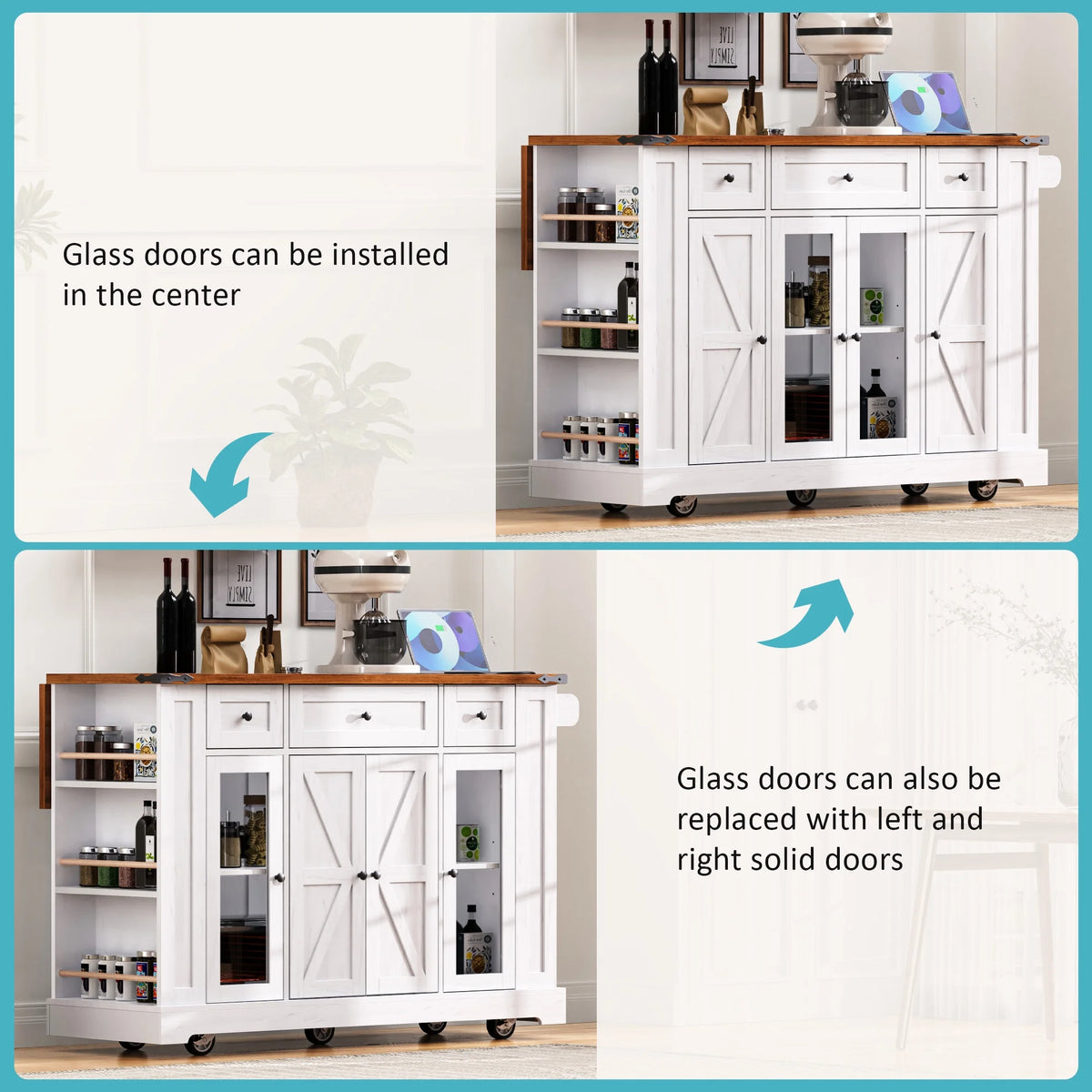 Euroco Îlot de cuisine style ferme de 53'' avec deux portes de placard en verre trempéDesserte de cuisine roulante sur roulettes