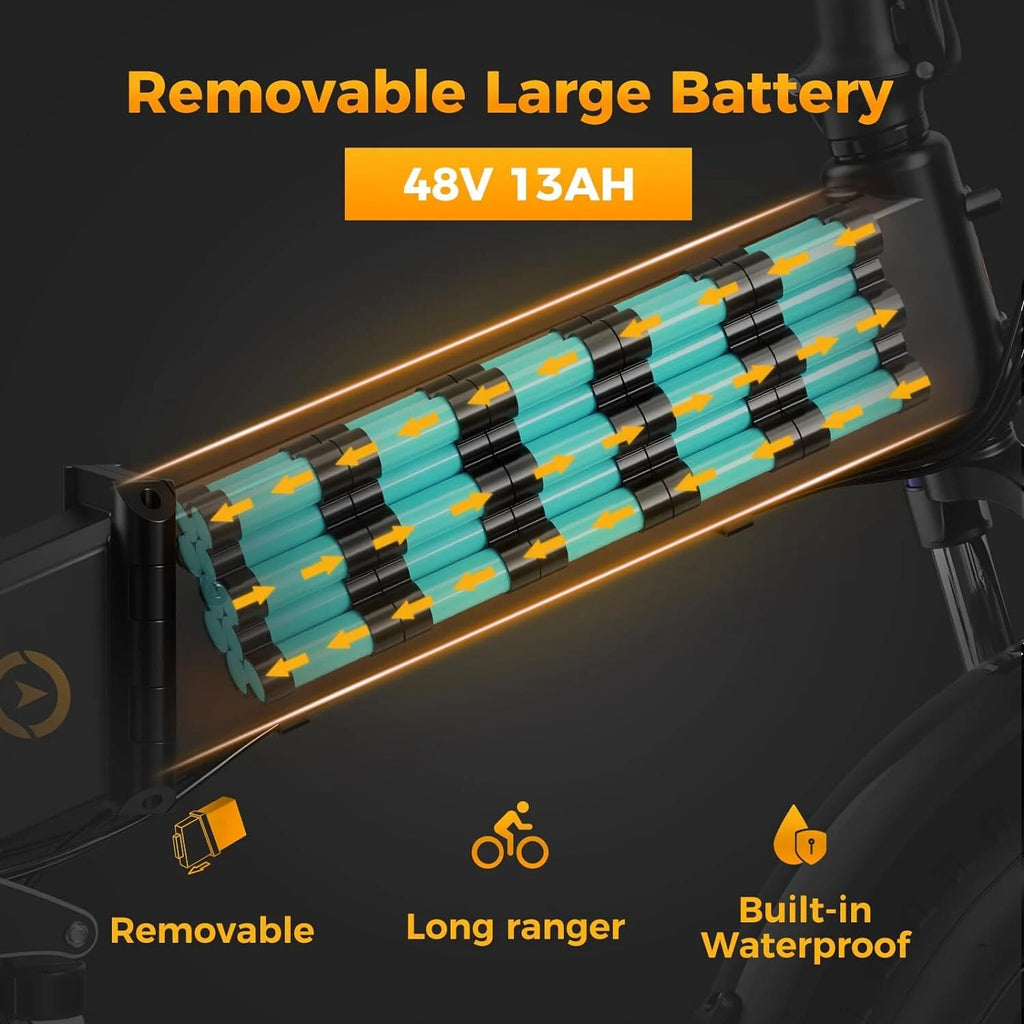Vélo électrique Jasion X-Hunter pour adultes, vélo électrique avec moteur de 750 W et batterie amovible 48 V 13 Ah, vélo électrique pliant avec pneus larges 20 x 4,0, suspension intégrale, 7 vitesses