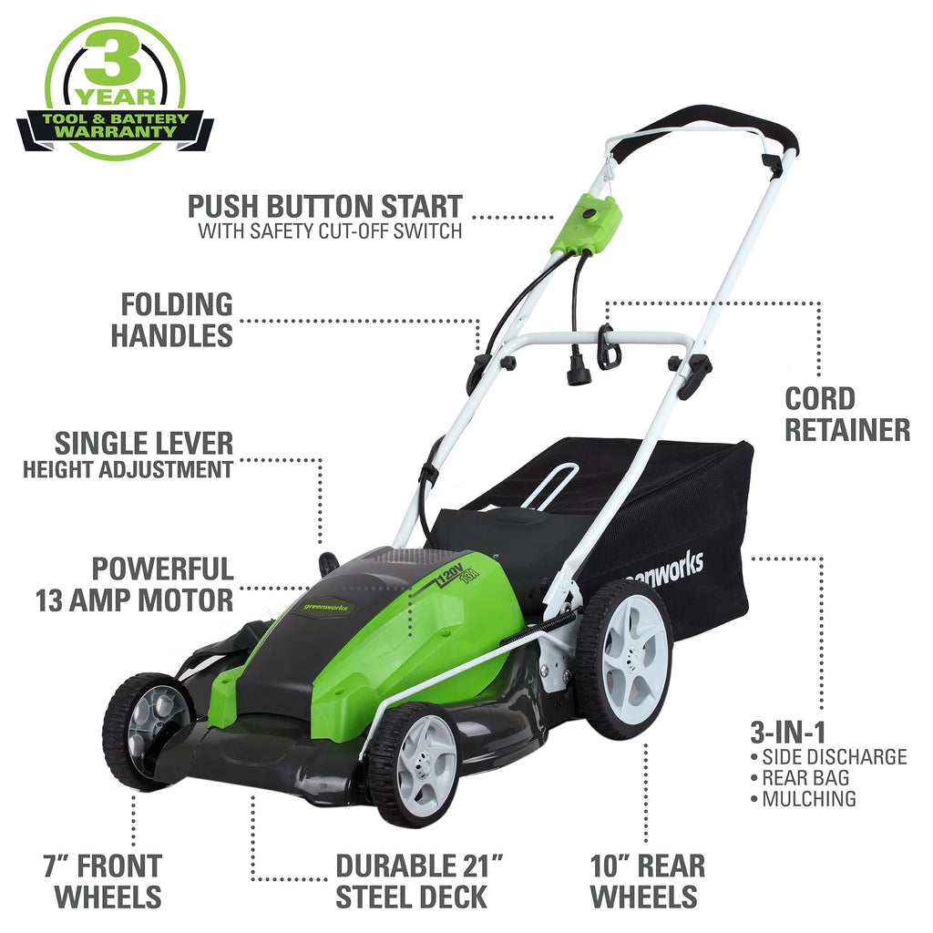 Tondeuse à gazon électrique filaire autotractée Greenworks de 13 A et 21 pouces, 25112