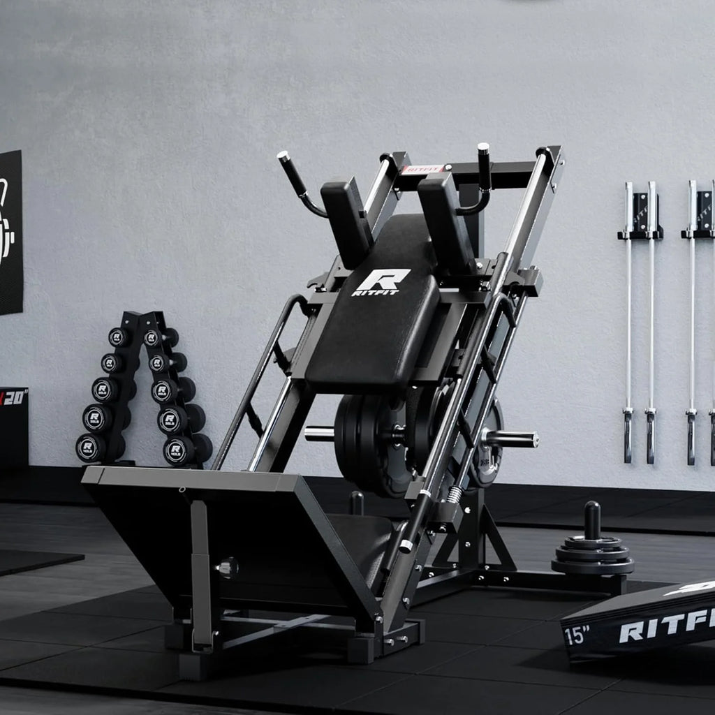 Machine à presse à jambes et hack squat RitFit, Presse à jambes professionnelle réglable pour salle de sport à domicile avec roulement linéaire, Machine hack squat spécialisée pour un entraînement complet du bas du corps avec rangement de poids, Rose