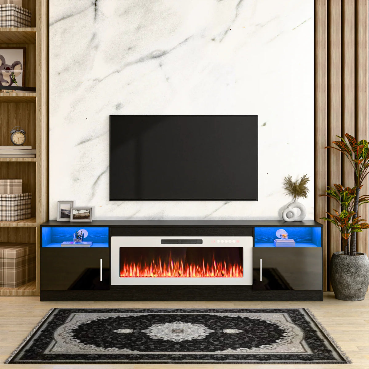 Meuble TV avec cheminée Waleaf avec cheminée électrique de 36 pouces pour téléviseurs jusqu’à 80 pouces, console multimédia moderne en bois avec meuble éclairé, blanc