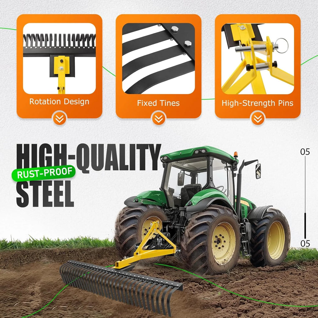 KOJEM Râteau paysage 60 po Râteau à 3 points Rotation à 360 degrés Compatible avec les tracteurs compacts Catégorie 1 Cat1 Outil de jardin remorqué pour jardin ferme Défrichage Râtelage de broussailles Arènes Lot de 2 Jaune
