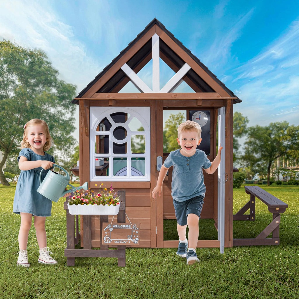 COCLUB Maison de jeu d’extérieur, Maison de jeu en bois pour enfants et tout-petits, Grande maison de jeu avec banc/Clôture/Cuisine/Plaque nominative/Téléphone factice, Jouet d’extérieur cadeau pour filles et garçons à partir de 3 ans, (62,99 l × 67,32 L)