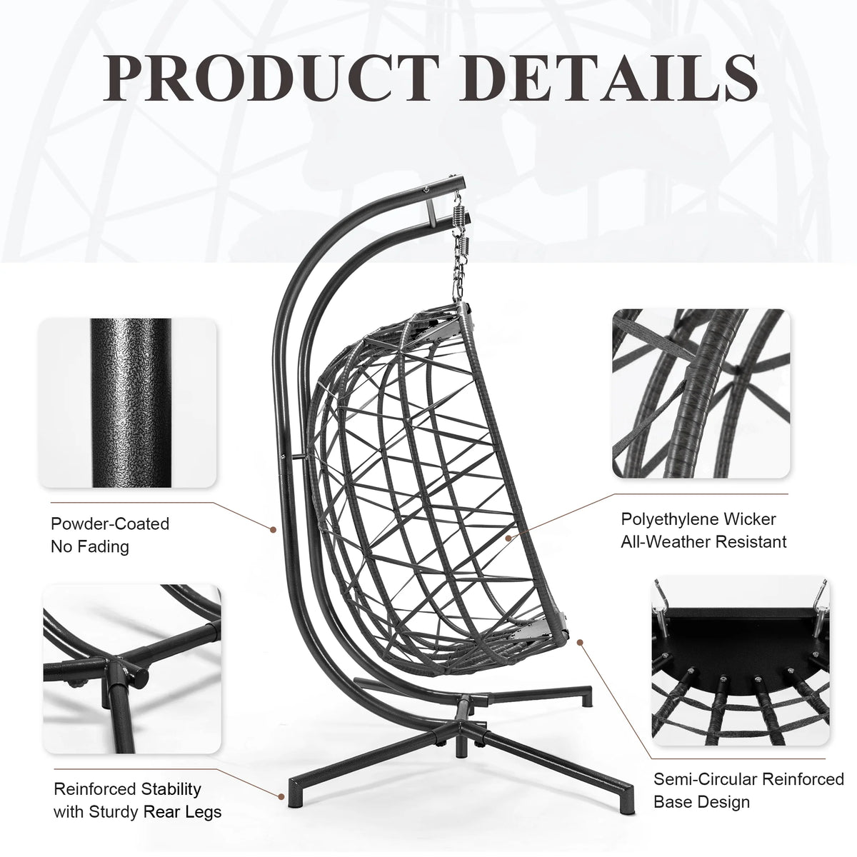 Fauteuil suspendu œuf double en osier RADIATA avec support, fauteuil œuf suspendu pour 2 personnes, intérieur/extérieur, capacité de 700 lb, coussins épais et appuie-tête, structure en métal robuste, gris foncé
