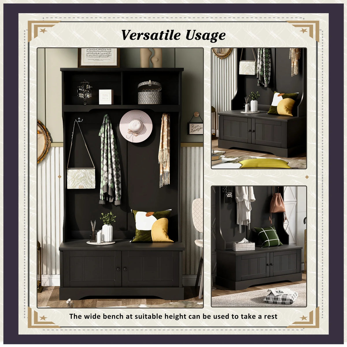 Vestiaire d’entrée avec banc rembourré et patères, banc d’entrée avec 3 crochets, 3 étagères ouvertes, 2 tiroirs et placards de rangement, banc de vestibule avec rangements et crochets pour entrée, vestibule ou couloir (beige)