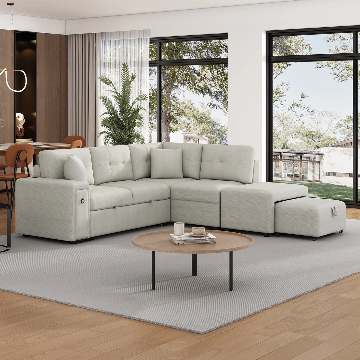Canapé-lit modulable 87 avec lit gigogne, canapé convertible en L avec pouf, ports USB et deux porte-gobelets pour salon, appartement, chambre, gris