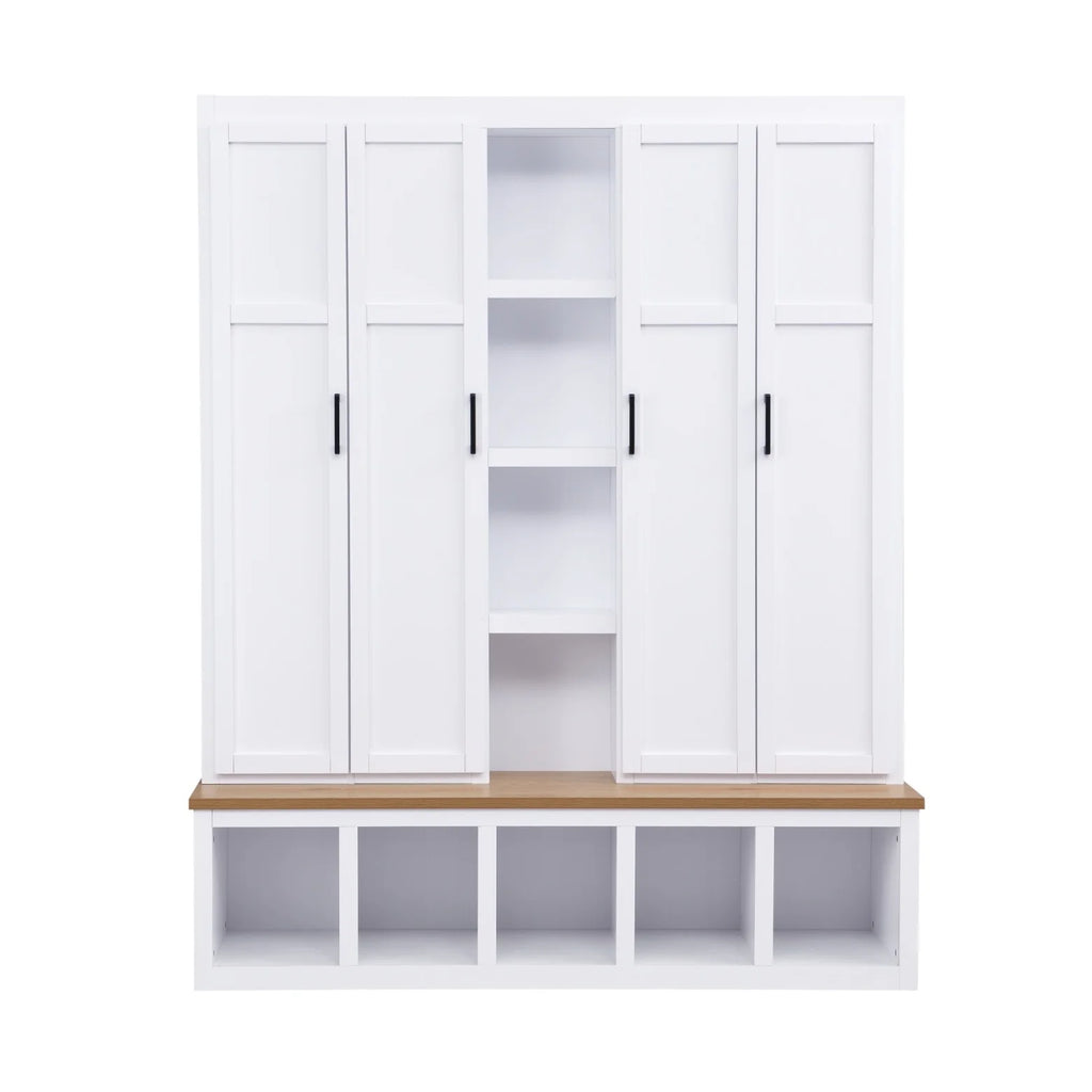 Vestiaire d’entrée style maison de campagne avec banc et rangement pour chaussures, 4-en-1, avec 4 placards, 5 casiers à chaussures et 6 crochets, noir