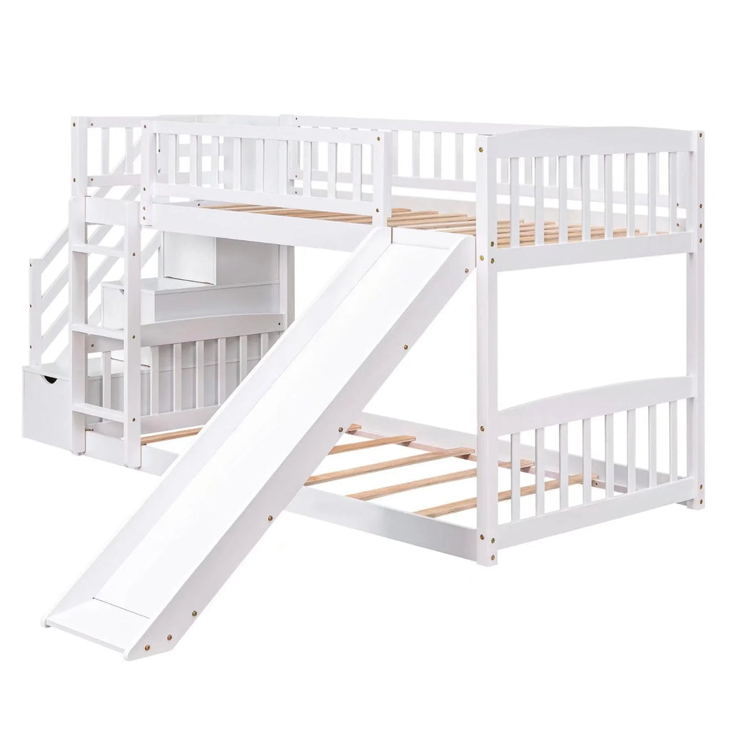 Lits superposés avec escalier, lits jumeaux, cadre de lit superposé en bois avec toboggan pour enfants et escalier de rangement, cadre de lit de rangement 2-en-1 avec échelle et barrières de sécurité pour chambre de garçons et de filles, blanc