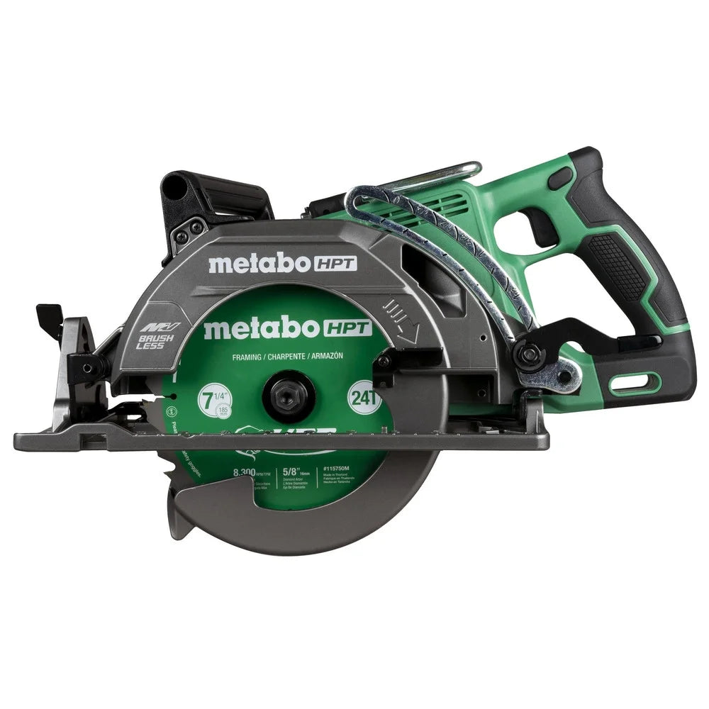 Scie circulaire Metabo HPT 36 V MultiVolt de 7-1/4 pouces à poignée arrière, conception légère, jusqu’à 500 coupes de 2x4 par charge, capacité d’angle d’onglet réglable de 53°, garantie à vie sur le corps de l’outil, C3607DWA