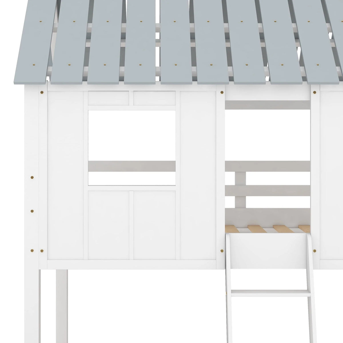Lit superposé bas Euroco avec deux lits simples, toit et barrière de sécurité pour chambre d’enfant, blanc
