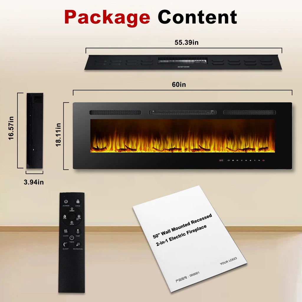 Cheminée électrique 60, cheminée encastrable ultra-fine et murale, cheminée linéaire avec minuterie, télécommande, couleur de flamme réglable, 750 w/1 500 w, noire
