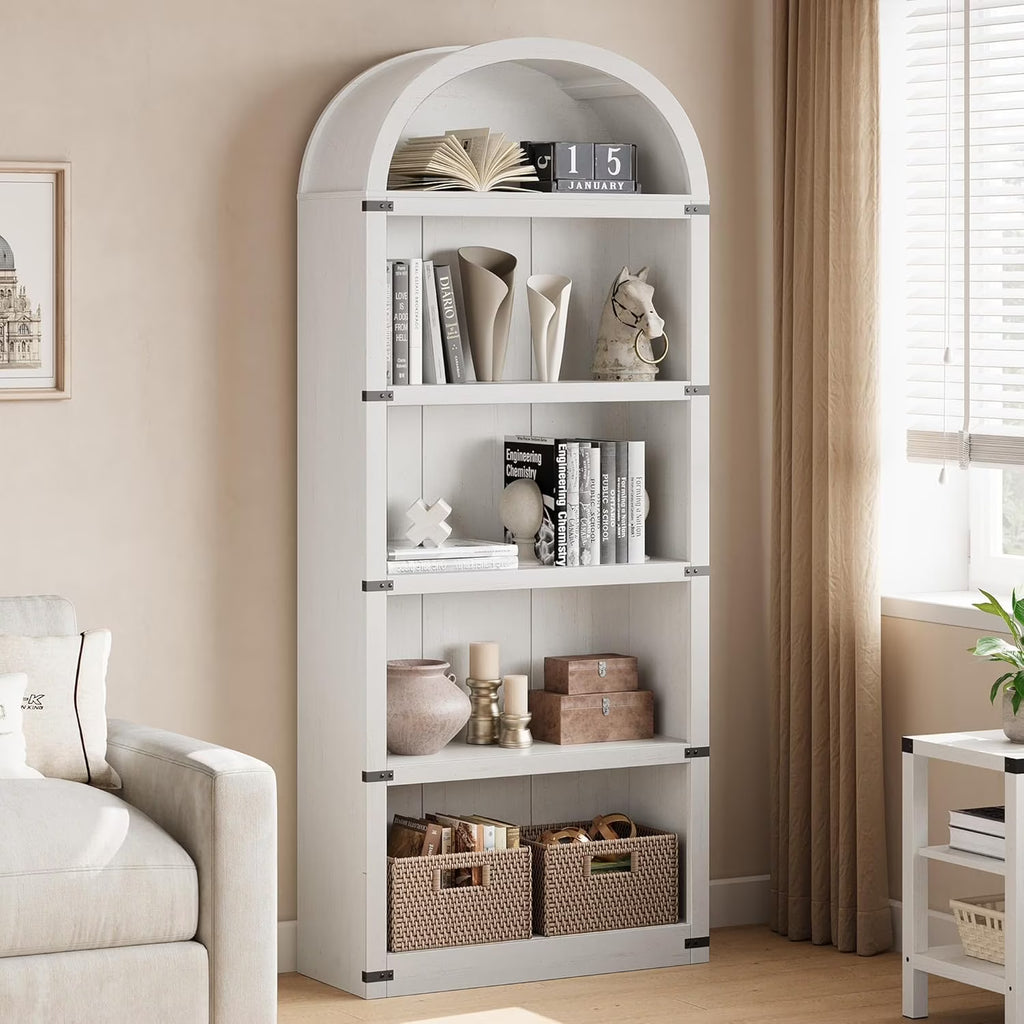 Bibliothèque à 5 étagères avec arche, 182 cm de haut, meuble de rangement et d’exposition de style rustique en bois pour bureau, salon ou maison (blanc)