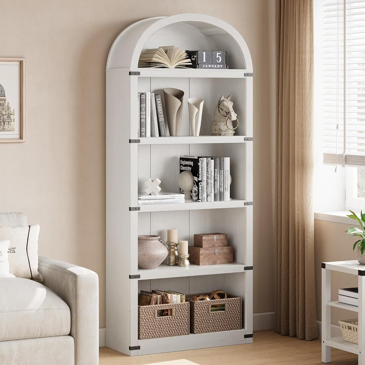 Bibliothèque à 5 étagères avec arche, 182 cm de haut, meuble de rangement et d’exposition de style rustique en bois pour bureau, salon ou maison (blanc)